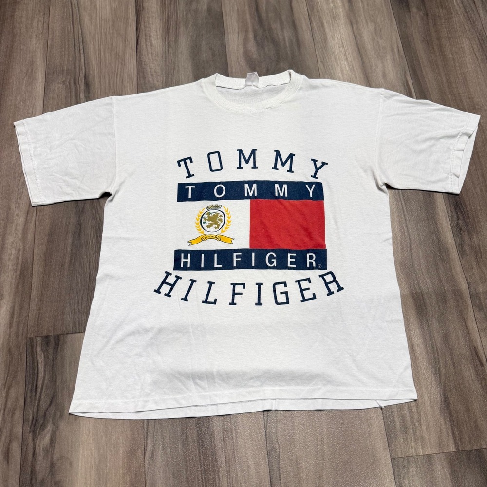 Vintage Tommy Hilfiger Flag Crest Graphic T-Shirt White Made in USA XL